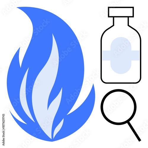 Blue flame representing energy and transformation, medicine bottle symbolizing health, magnifying glass indicating research. Ideal for innovation, science, energy, healthcare, analysis, medicine