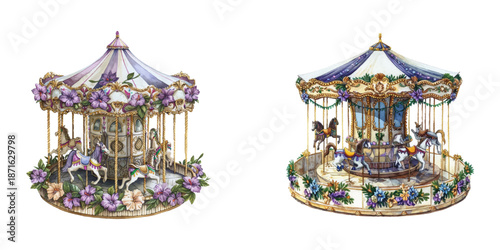 corousel decorated mardi gras watercolor vector illustration