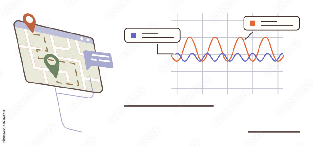 Fototapeta premium Data analysis, location tracking, geospatial technology, navigation, analytics, logistics. Map with geolocations and speech bubbles alongside a graph with data points. Data analysis and location
