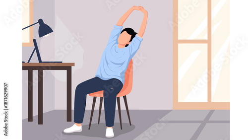Worker performing a rejuvenating stretch while seated at a desk, embracing a healthy break to improve posture and well-being during a focused workday in a home office