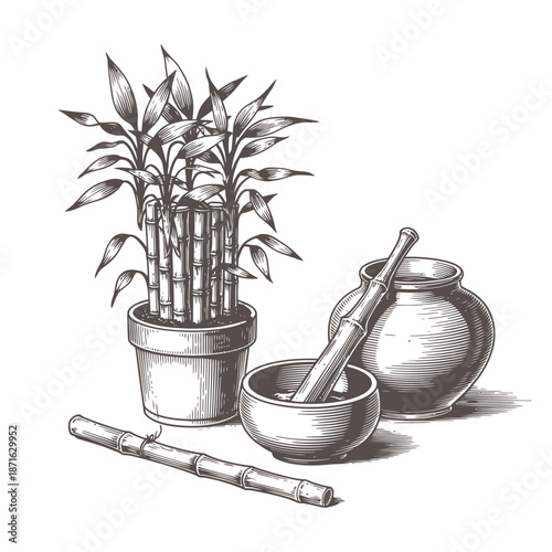 Bamboo plant with mortar and pestle