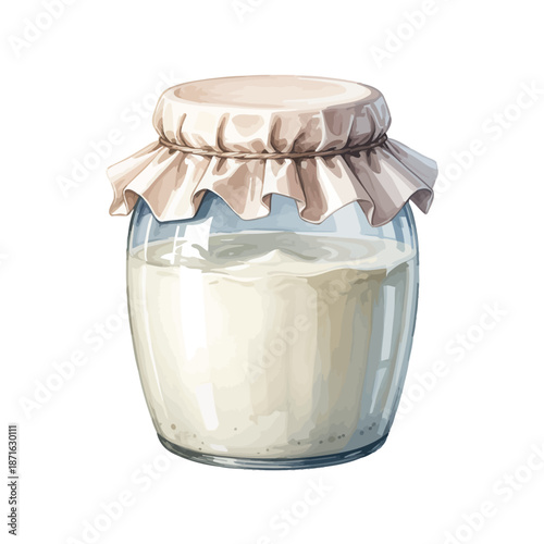 Glass jar containing white yogurt or sour cream