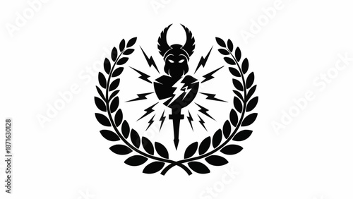 Ancient Greek warrior emblem with lightning and laurel wreath.