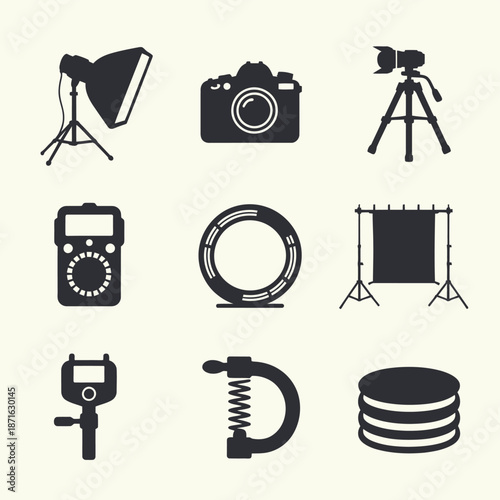 Photography equipment icons set for professional use
