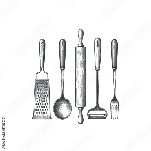 Collection of kitchen utensils for cooking and baking