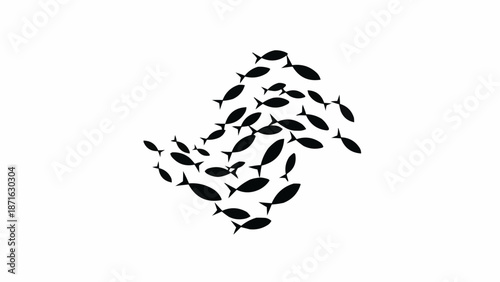 A school of small black fish swimming together in a white background.