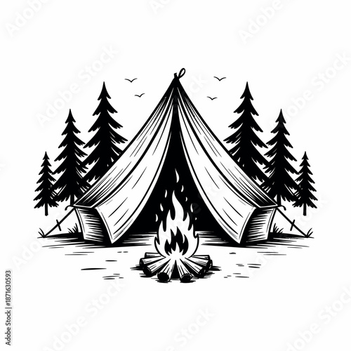 Camping tent with fire pit in forest