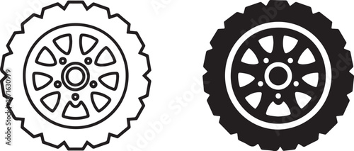 Tire Icon Vector. Car Wheel Symbol Isolated on White Background. Car Wheel or Tire Outline and Solid Icon.