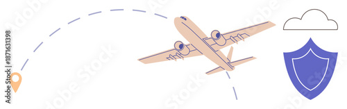 Travel planning, aviation safety, tourism, navigation, route protection, secure travel. Airplane with dotted flight path, cloud shield and location icon. Aviation safety and travel planning concept