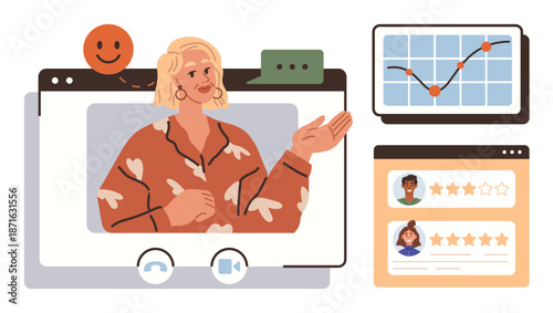 Business analysis, remote work, digital communication, online learning, customer feedback, virtual interactions. Woman presenting on a video call with charts and review ratings. Business analysis