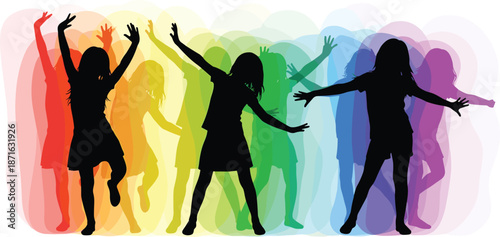 Silhouettes of dancers with colorful shadows, vibrant vector illustration of movement, energy, and expressive celebration