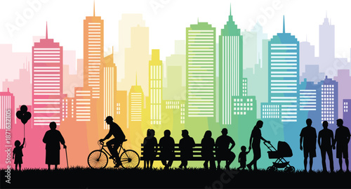 Silhouettes of diverse people in city park with rainbow skyline, vector illustration of urban life and community interaction
