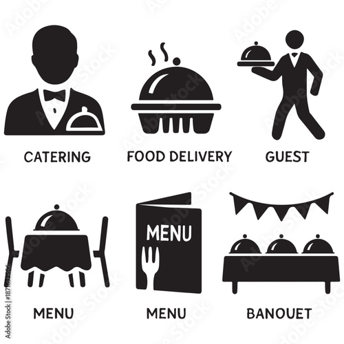Catering icon set vector. Catering service, food, delivery of ready meals, guest service, menu for event, banquet vector
