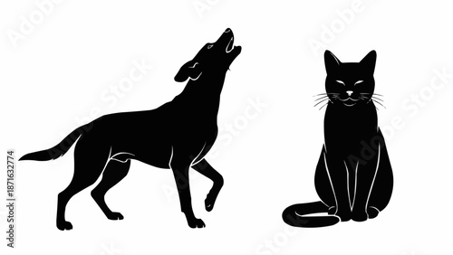 Black silhouette of a howling dog and a sitting cat.