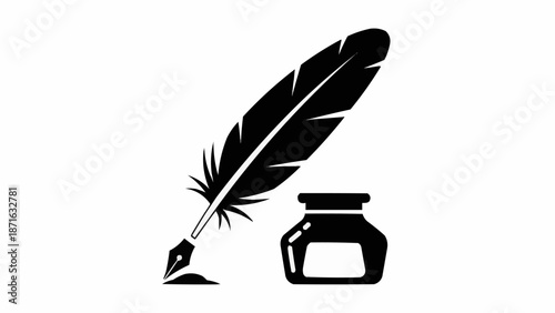 Black silhouette of a quill pen and inkwell on a white background.