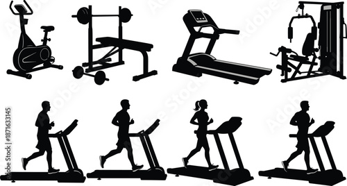 Silhouettes of gym equipment and people exercising on treadmills, representing fitness, training, and active lifestyle in black and white.