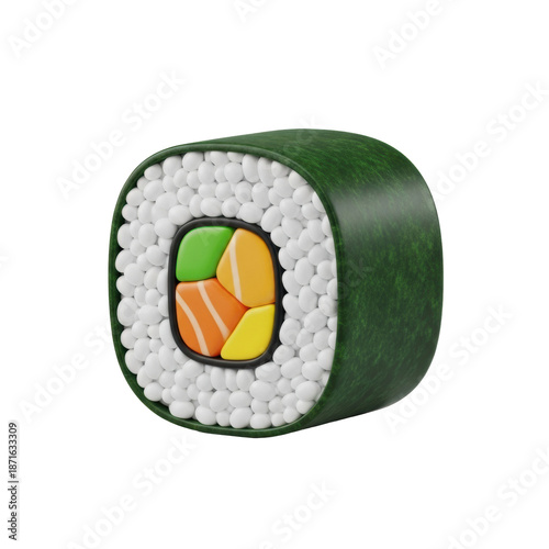 A single maki sushi roll featuring dark green nori, white rice, colorful fillings, isolated on transparent with soft studio lighting, charming 3D cartoon-like style. Concept for Japanese cuisine