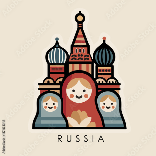 Vibrant Flat Design Illustration of Russian Matryoshka Dolls and Domes