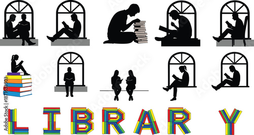 Silhouettes of people reading near arched windows with books and colorful library letters promoting literacy, education, and learning