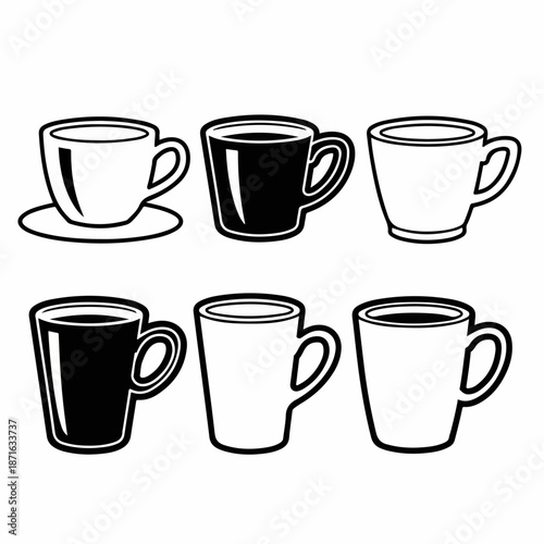 Monochrome vector set of six coffee and tea cups and mugs icons, illustrating different styles like porcelain cups with saucers and large drinkware silhouettes.