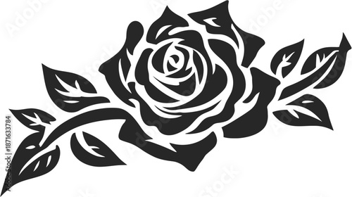 Elegant black rose silhouette with stem and leaves, vector graphic design element for floral decoration, love, beauty, and romance