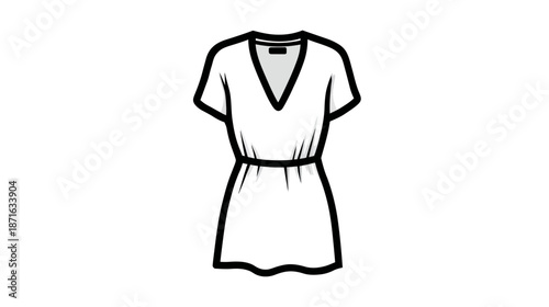Simple line art icon of a women's V-neck dress or tunic with cinched waist. Fashion apparel outline drawing for design.