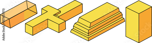 Abstract gold geometric shapes and bullion bar concepts in flat yellow style isolated on white background for creative finance design.