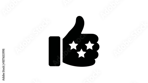 Thumb up hand gesture icon with three stars representing excellent rating, good feedback, positive review, and approval. Minimalist black silhouette on white background.