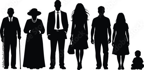 Silhouettes of Seven People Representing Generational Roles and Ages, Calm Mood, One-Panel Family and Life Cycle Vector Design