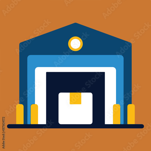 A minimalist flat vector illustration of a blue warehouse with a large white entrance, a package inside, and yellow bollards.