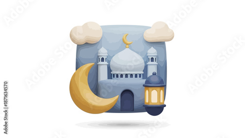 Ramadan Kareem Islamic Mosque and Crescent Moon Icon with Lantern and Clouds in a 3D Rendered Style