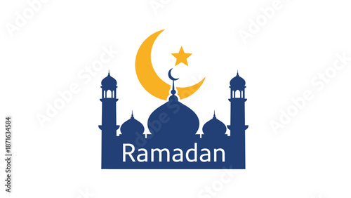 Ramadan Kareem greeting with Islamic crescent moon and star above a mosque silhouette