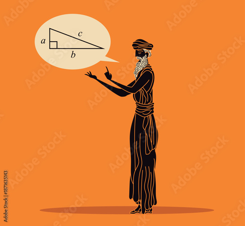 pythagoras discovering the triangle theorem in orange style