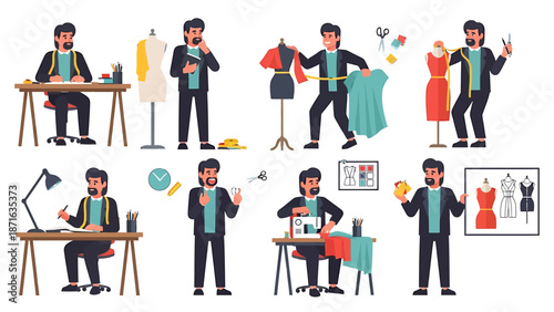 Designer working on fashion designs in a creative workspace with various clothing items and mannequins