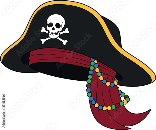 Black pirate captain hat with skull and crossbones jolly roger symbol and red bandana with colorful beads vector illustration.