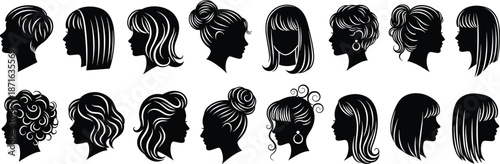 Silhouettes of Sixteen Female Hairstyles with Varied Lengths and Textures, Calm Mood, One-Panel Fashion Vector Illustration Design
