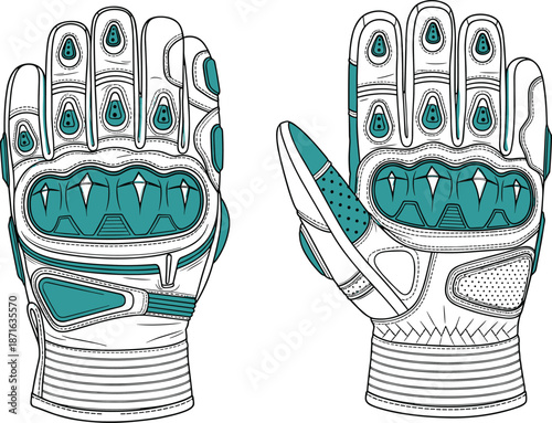 Detailed Vector Illustration of Professional Motocross Protective Gear Featuring Armored Knuckle Guards and Reinforced Leather Racing Gloves for Motorcycle Safety Equipment.