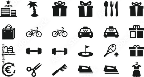 Comprehensive Set of Black Vector Icons Representing Hotel Amenities Travel Services Leisure Activities Wellness Facilities Shopping and Luxury Guest Experience Options