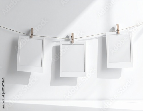 Three blank polaroid frames hanging on a string with clothespins against a white wall with sunlight shadows