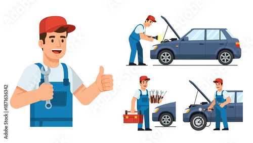 Mechanic inspecting and repairing cars in a workshop with various tools and vehicles
