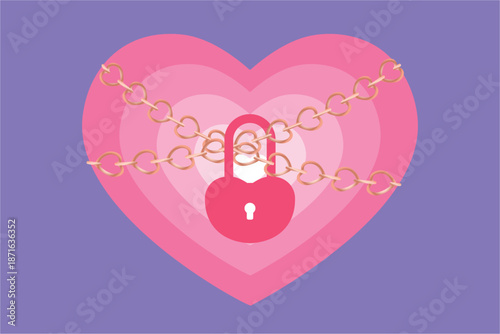 ハート型にハートの鎖と鍵がかけられたイラスト　秘密や束縛のイメージイラスト