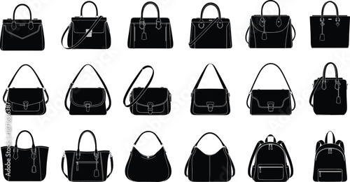 Set of black silhouette fashion handbags icons including totes shoulder bags satchels backpacks and clutches isolated on a white background