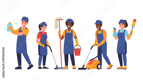 Diverse cleaning staff in uniform performing various household chores with equipment in a well-lit environment from a straightforward viewpoint