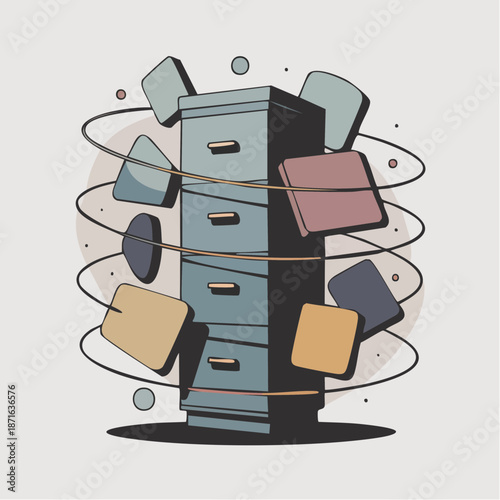 filing the chaos: swirling folders orbit a tall cabinet in a stylized storm of digital organization and visual motion