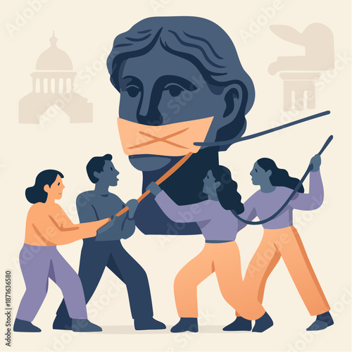 unmuting the monument: four figures dismantle silence from a classical bust in a visual act of collective resistance