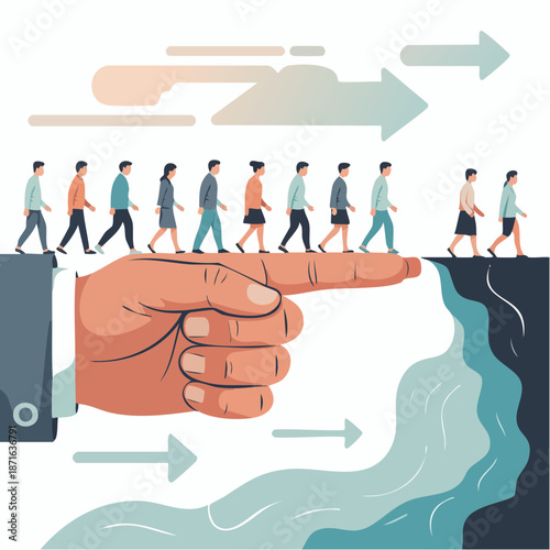 the illusion of guidance: blind procession across a pointing hand toward the edge of consequence and silent collapse