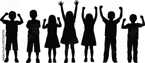 Silhouette of diverse happy children standing in a row with arms raised celebrating success victory and togetherness on white background