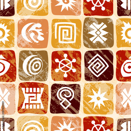 Seamless ethnic pattern, hand-drawn ethnic geometric elements, mosaic of squares, vintage tiles, vector design
