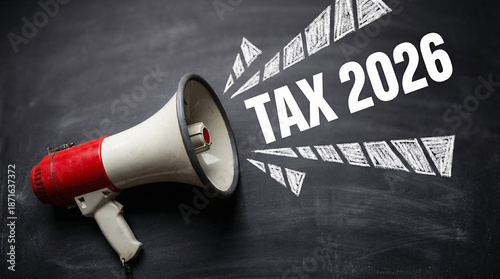 Urgent tax announcement written on chalkboard with megaphone, highlighting tax 2026, financial warning, government notice, business compliance and immediate action concept.
