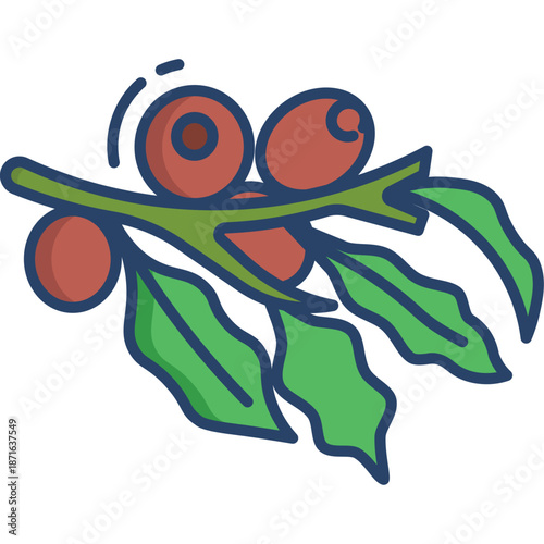 Stylized coffee branch with red beans and green leaves